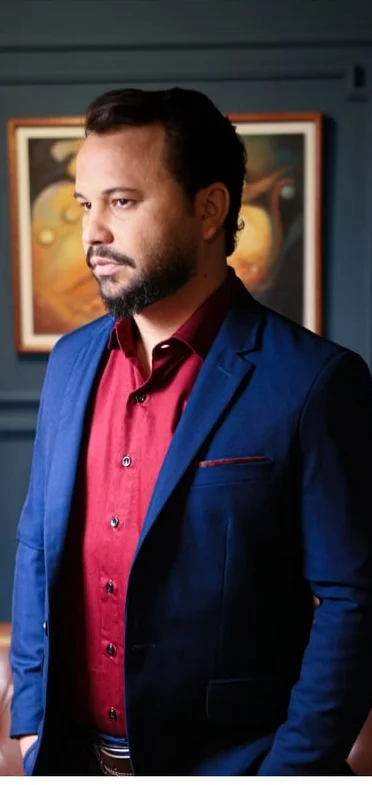 Rubens depois da consultoria, de terno azul-marinho e camisa vinho