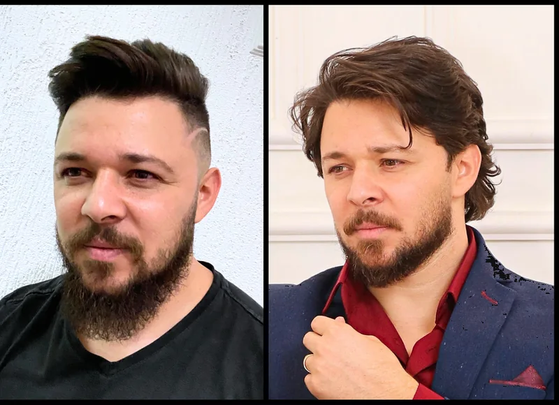 Antes e depois com barba desenhada e cabelo com volume